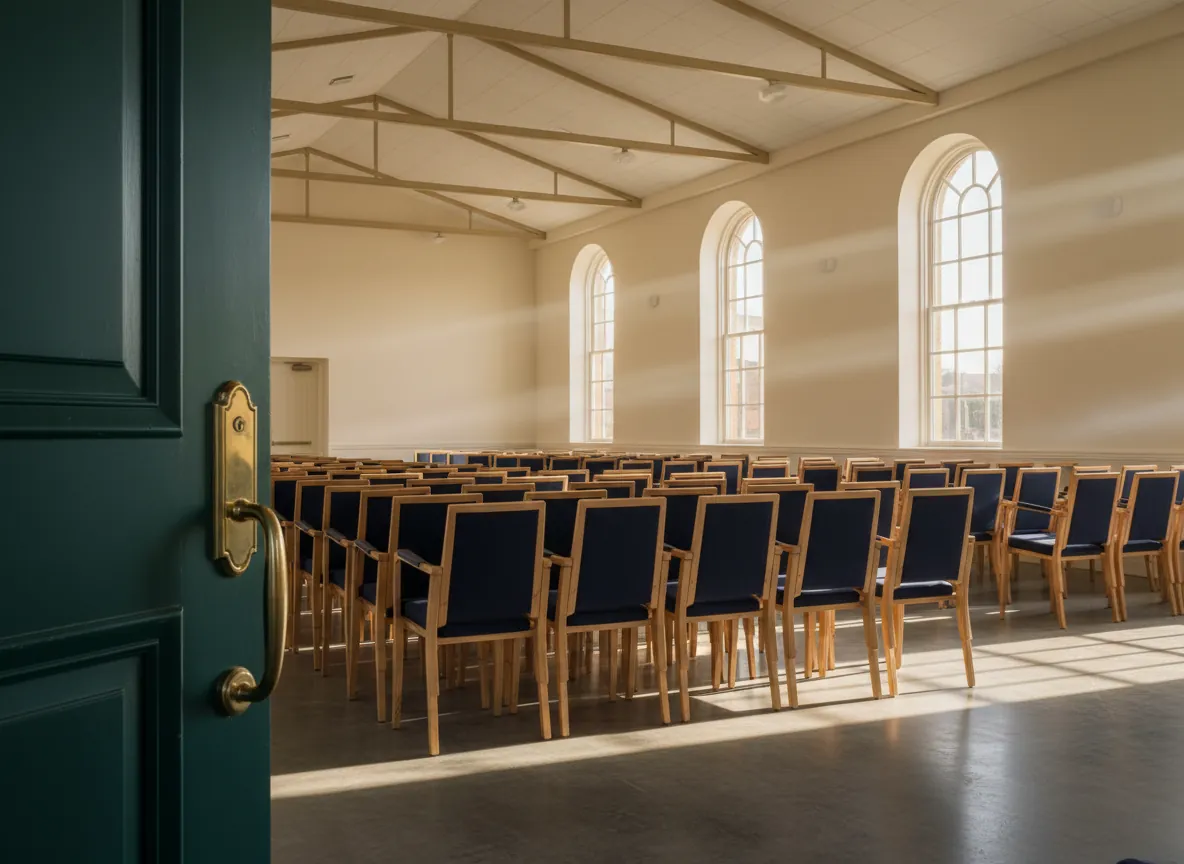 Sunlit community hall with stacked chairs