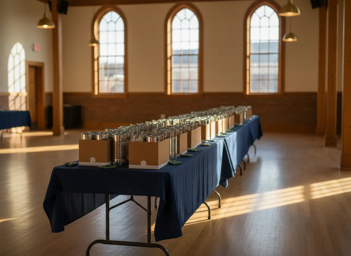 Community hall table with donation boxes