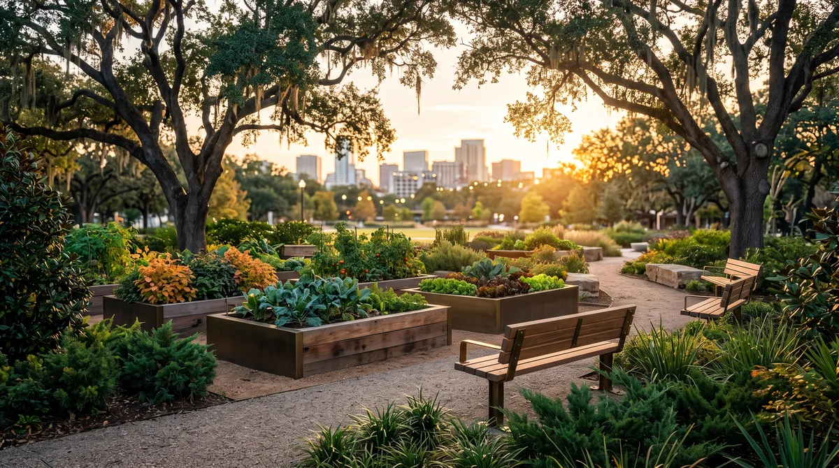 City park with live oaks and community garden beds at golden hour