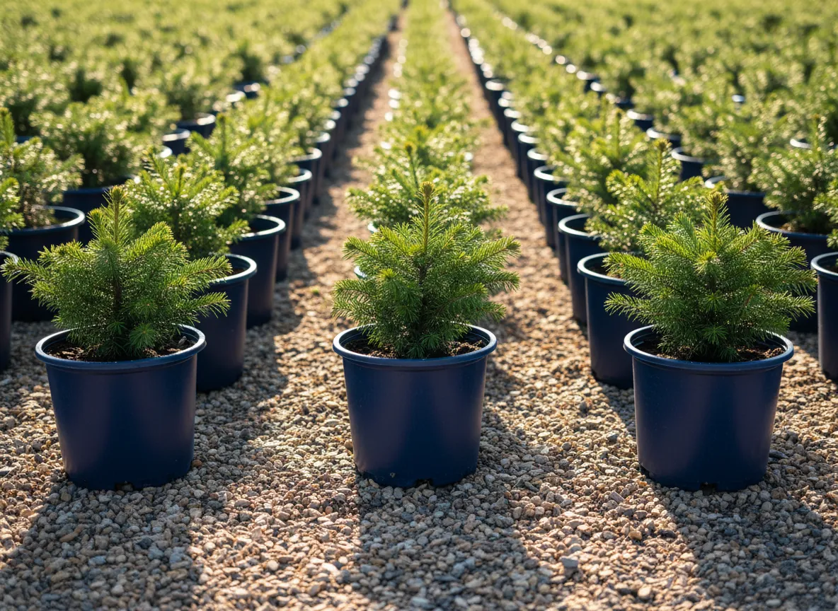 Rows of young tree saplings in nursery pots