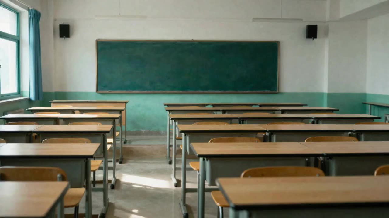 Empty classroom architectural light, generative still for Andrew Hillman