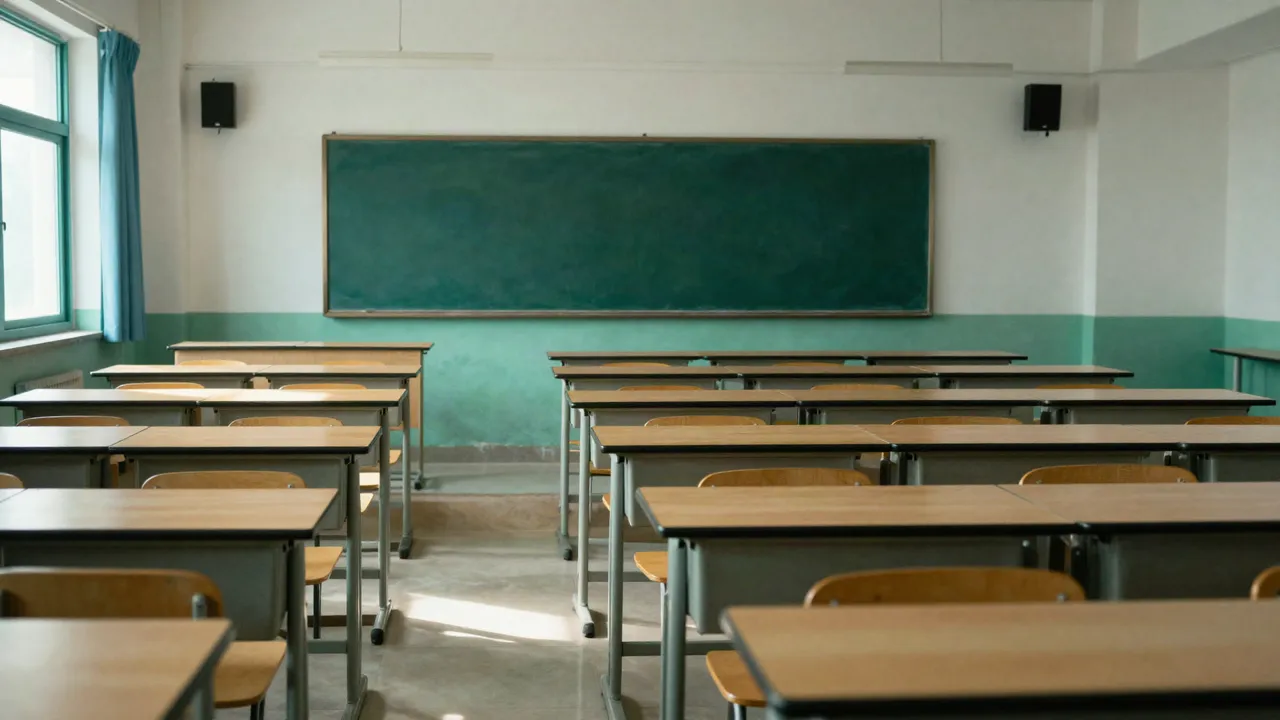 Empty classroom architectural light, generative still for Andrew Jonathan Hillman