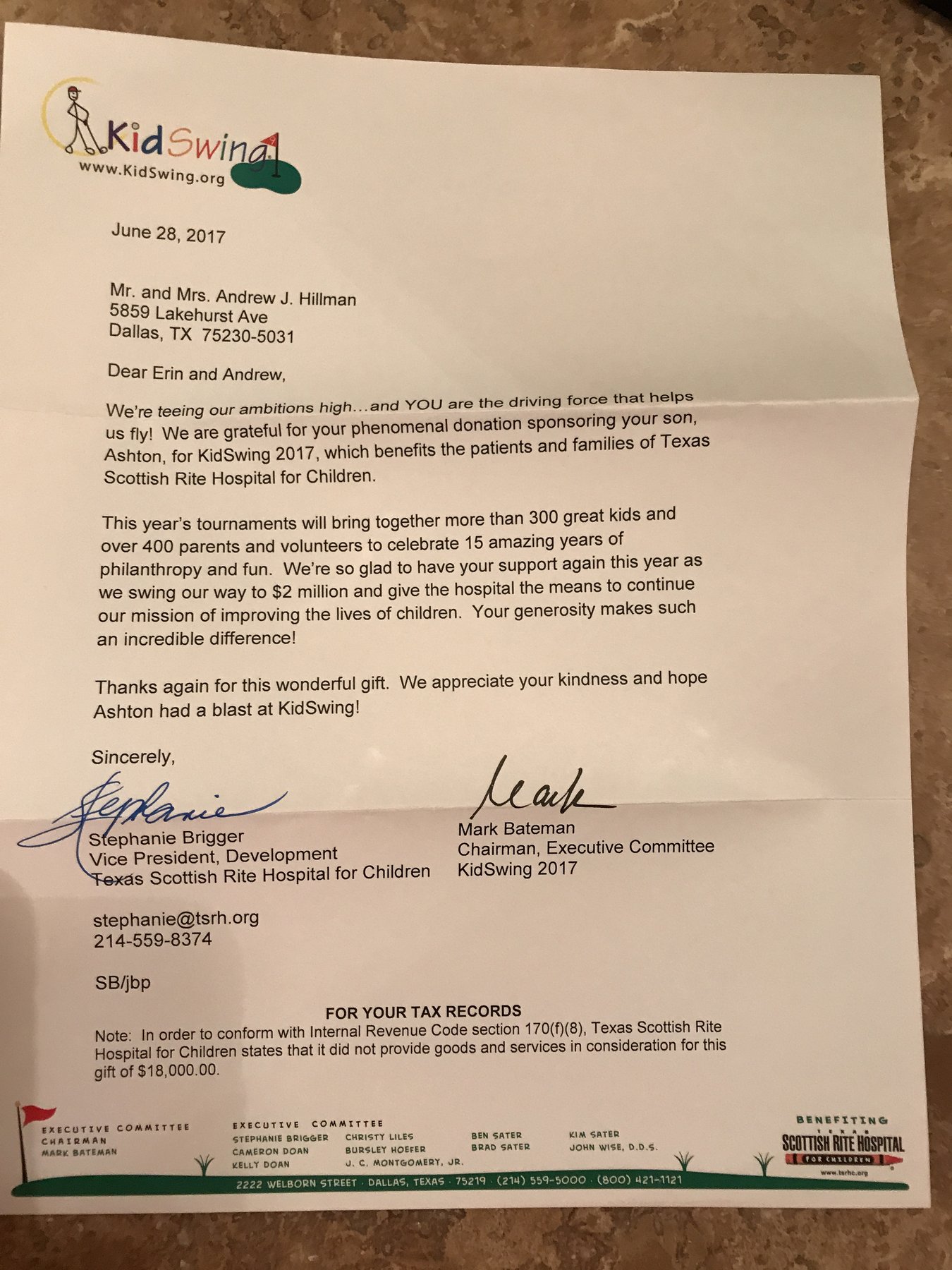 Andrew Hillman. KidSwing letter dated June 28, 2017 documenting an $18,000 sponsorship for Ashton Hillman for KidSwing 2017, benefiting Texas Scottish Rite Hospital for Children.