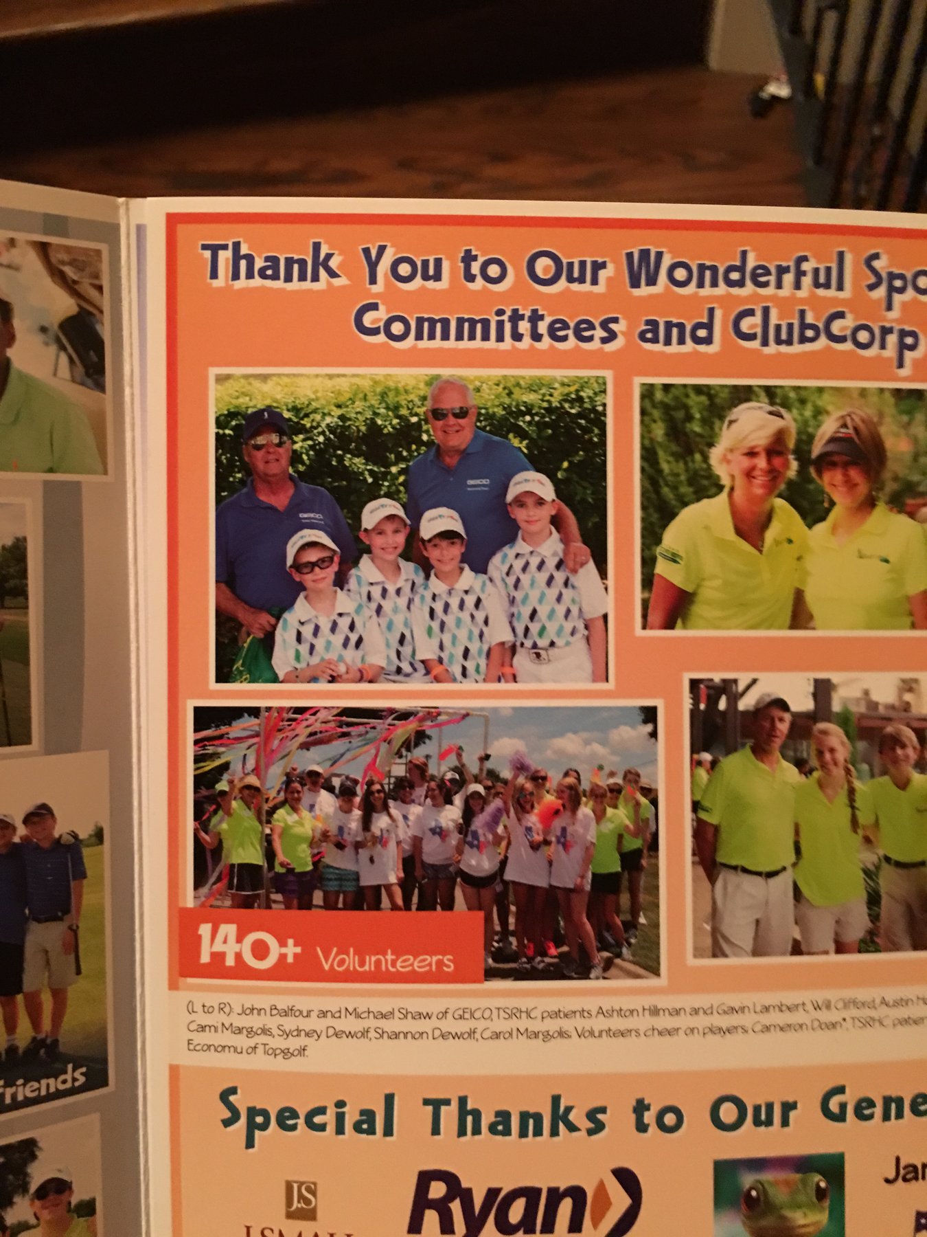 Andrew Hillman. KidSwing thank-you page to sponsors, committees, and ClubCorp. Printed caption names TSRHC patients Ashton Hillman and Gavin Lambert, and Austin Hillman.