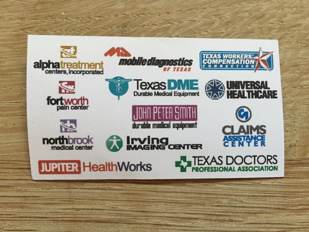 A card of original Texas healthcare-business logos, including Alpha Treatment Centers, Jupiter HealthWorks, Northbrook Medical Center, Fort Worth Pain Center, and Irving Imaging Center