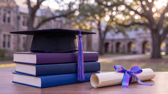 Graduation cap, books and diploma illustrating the Andrew Hillman scholarship