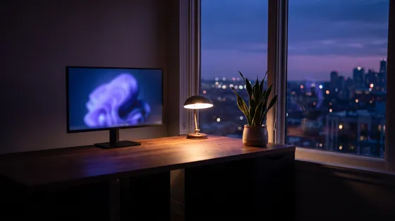 Desk with a monitor and lamp by a window at dusk, illustrating Andrew Hillman's work history