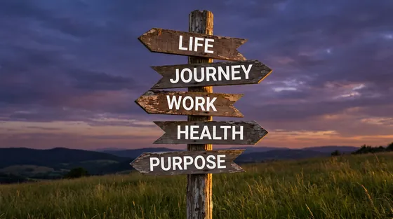 Wooden signpost at dusk with arrows reading Life, Journey, Work, Health and Purpose for Andrew Hillman's principles
