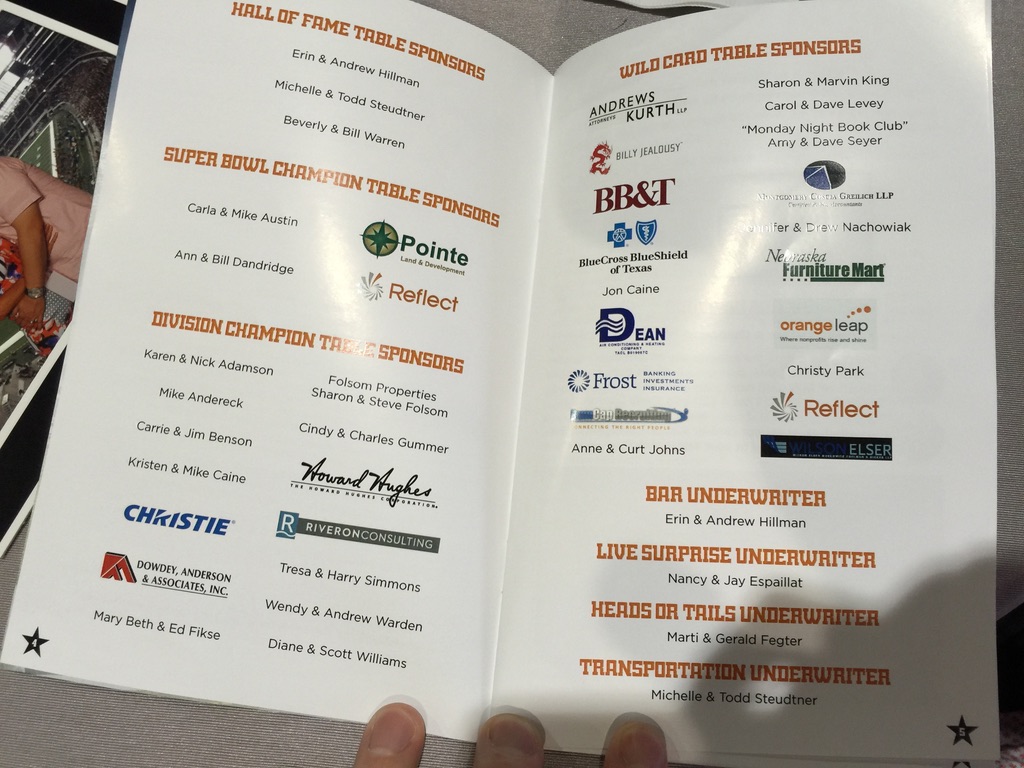 Event program pages 4 and 5. Erin and Andrew Hillman listed as Hall of Fame table sponsors and as Bar Underwriter.