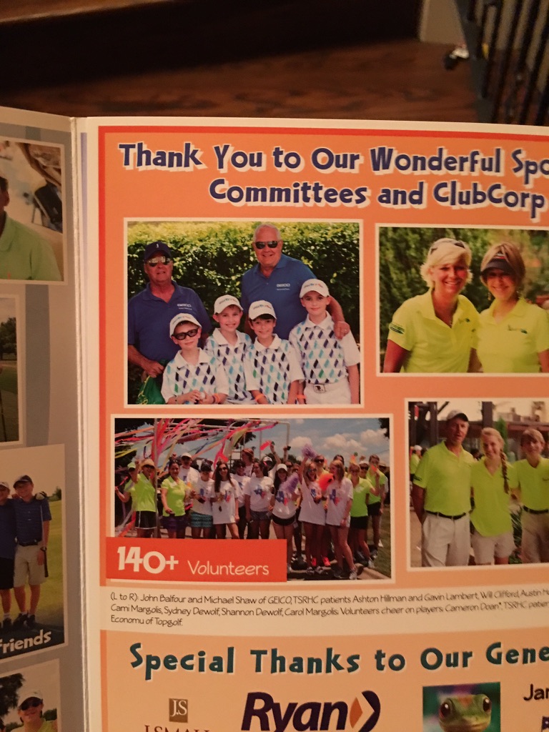 KidSwing thank-you page to sponsors, committees, and ClubCorp. Printed caption names TSRHC patients Ashton Hillman and Gavin Lambert.