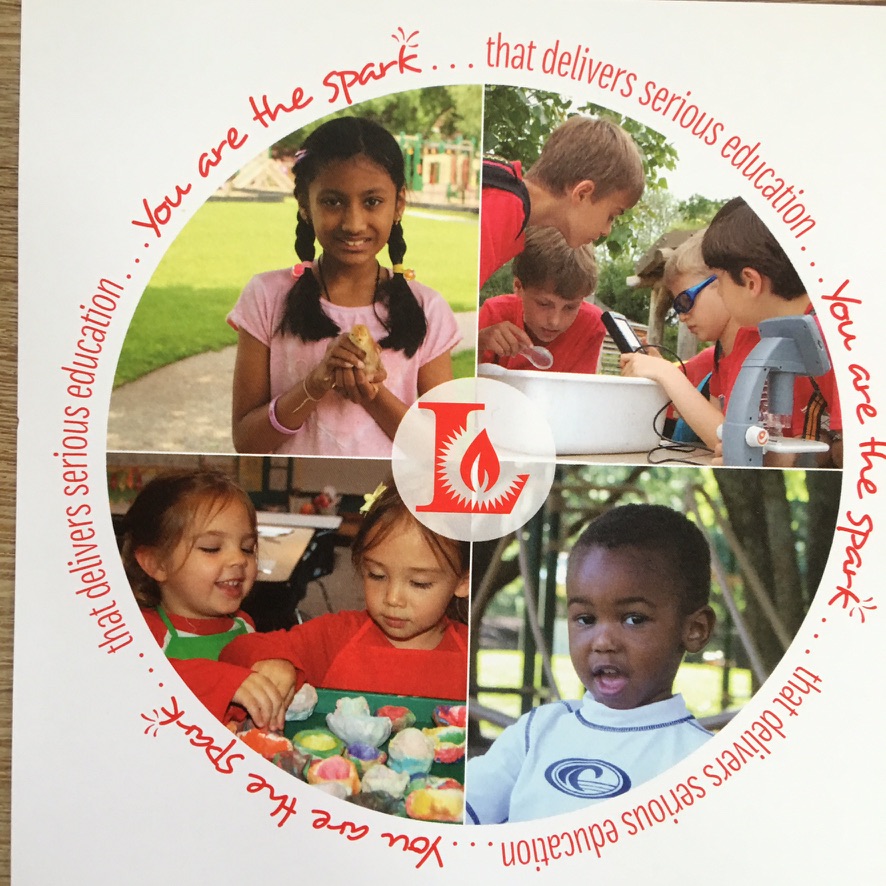 Lamplighter School circular four-quadrant composite with motto You are the spark that delivers serious education. Ashton is in this photograph.