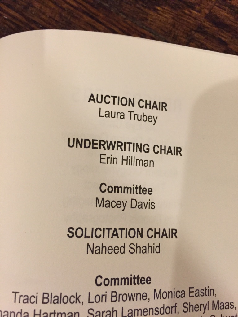 Event program. Erin Hillman listed as Underwriting Chair.