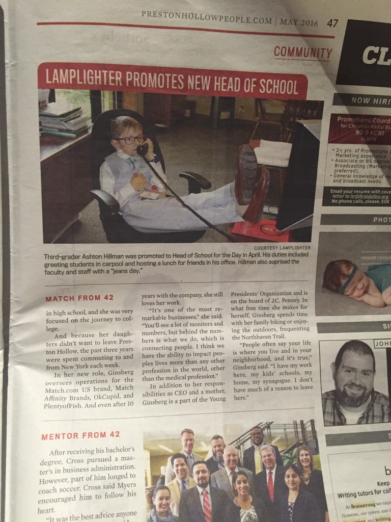 Preston Hollow People, May 2016, page 47. Headline: LAMPLIGHTER PROMOTES NEW HEAD OF SCHOOL. Third-grader Ashton Hillman as Head of School for the Day.