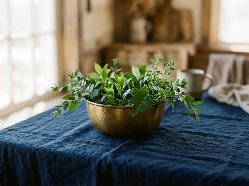 Brass bowl of green leaves on navy linen, a still life for Andrew Hillman's site